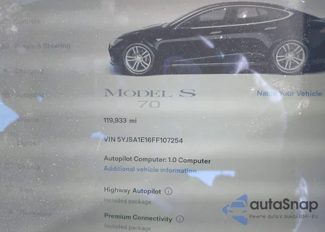 2015 Tesla Model S 60/70/85 z USA, uszkodzony, nr VIN 5YJSA1E16FF107254